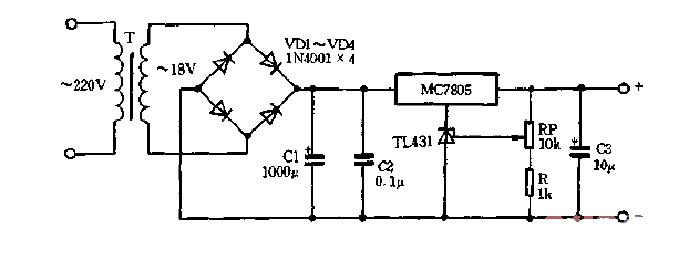 Adjustable voltage stabilized power supply composed of MC7805 and TL431