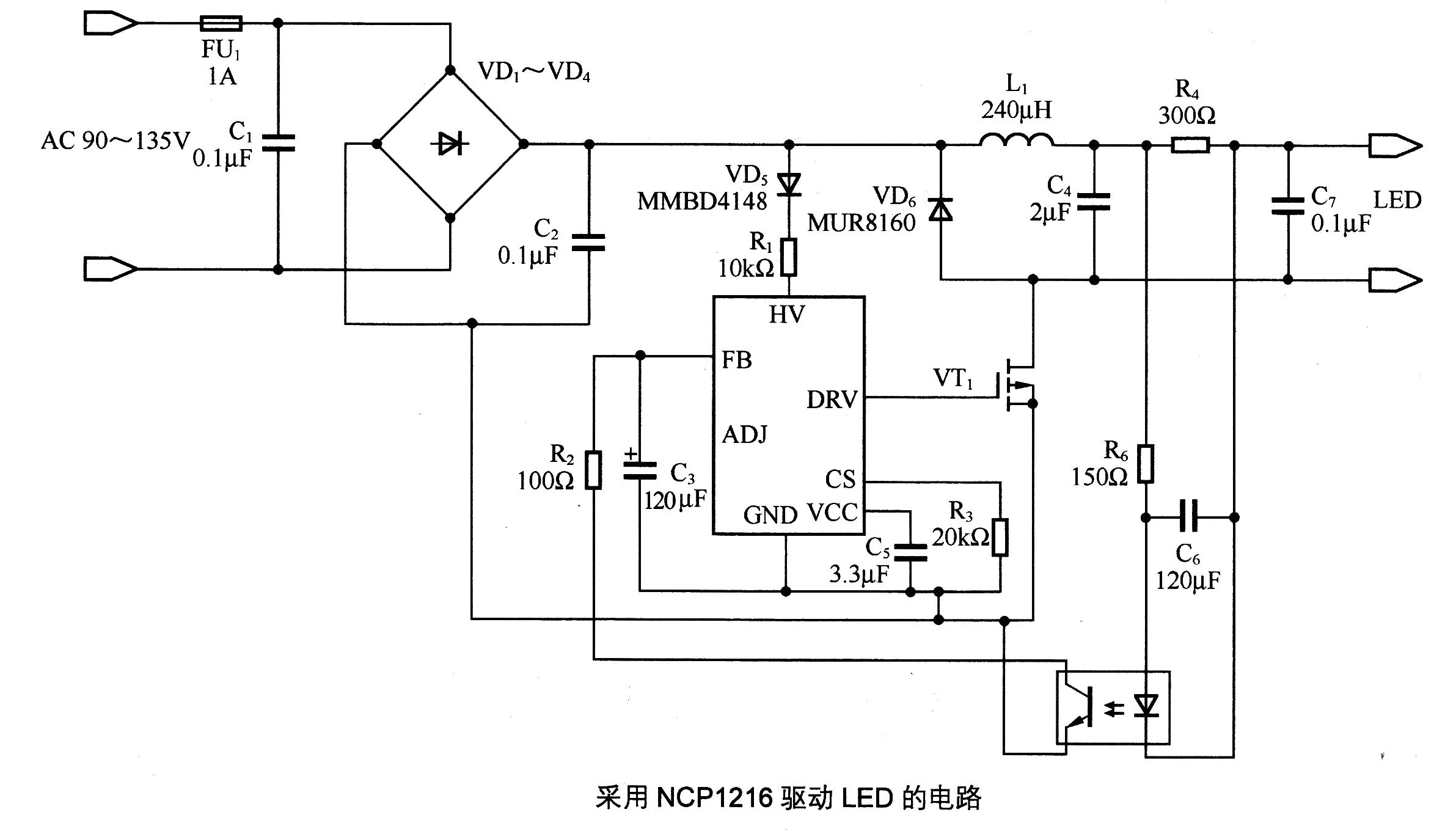 Circuit using NCP1216 to drive LED