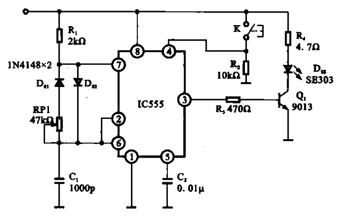 Infrared transmitter circuit composed of 555 time base circuit