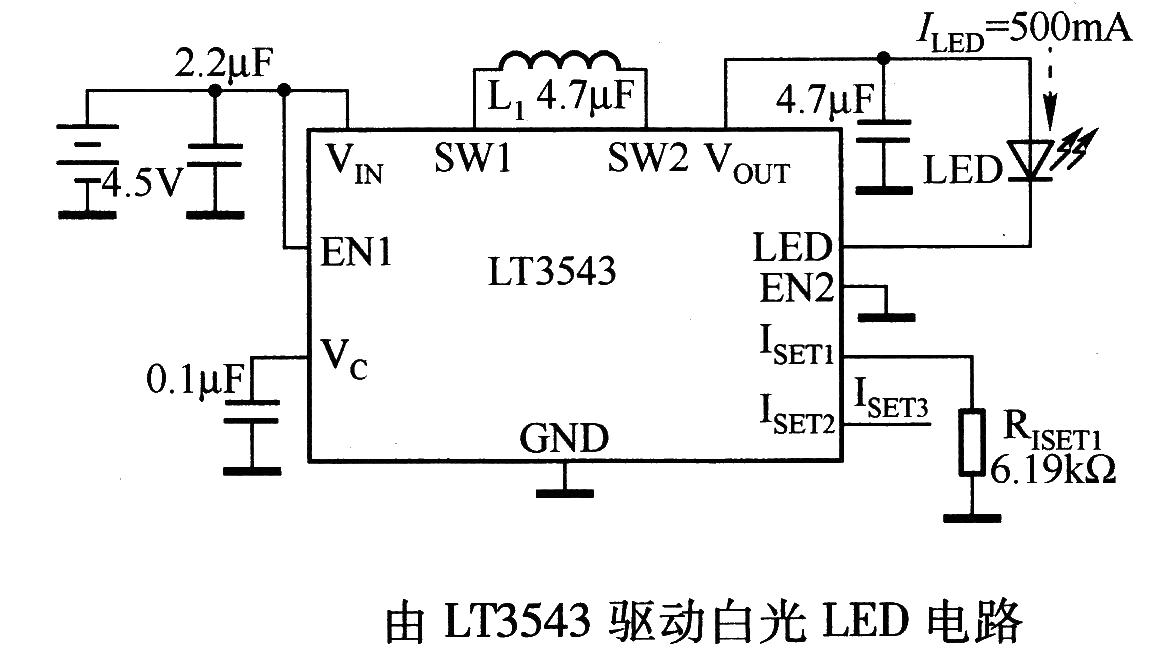 Circuit diagram of white LED driven by LTC3543