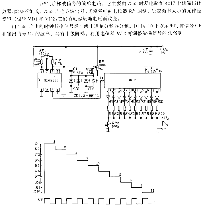 Staircase wave<strong><strong>signal generation circuit composed of 7555 and 4017</strong></strong>.gif