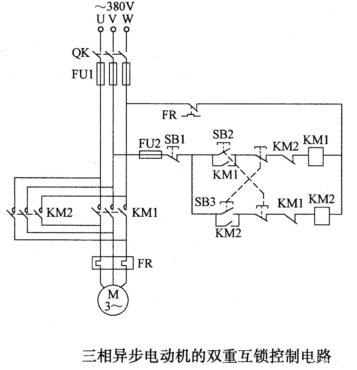 Double interlock control circuit of three-phase asynchronous motor