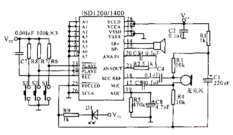 I<strong>SD</strong>1200 series single-chip voice recording and playback<strong>IC</strong><strong>application circuit</strong>.gif