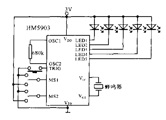 Driver buzzer application circuit with 5 flashing LEDs