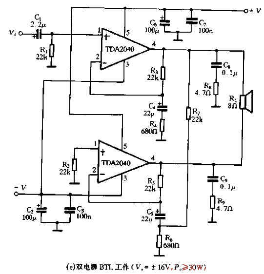 63.<strong>Application circuit</strong>-<strong>Dual power supply</strong>BTL operation of TDA2040 (A).gif