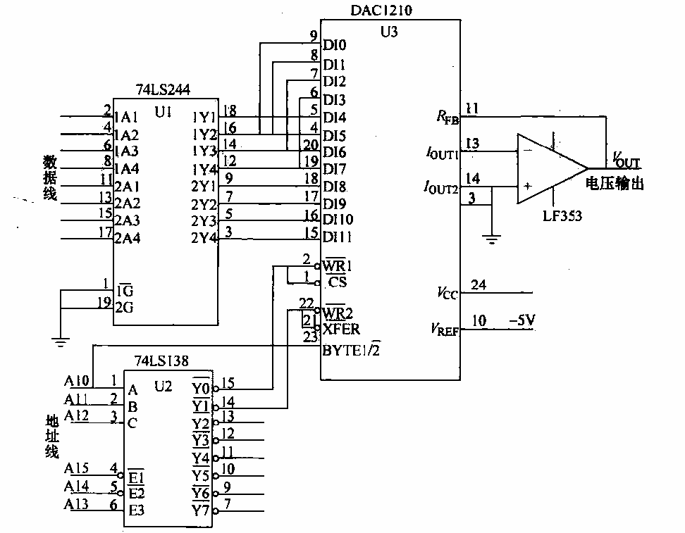 16.<strong>Interface circuit of DAC</strong>1210 and 8-bit <strong>CPU</strong>.gif