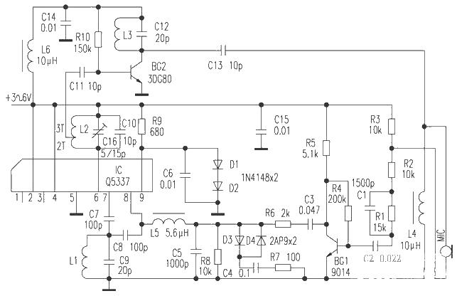 <strong>Wireless</strong> FM microphone using Q5337<strong>Circuit diagram</strong>