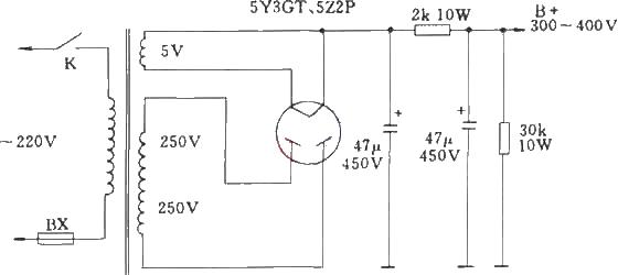 Direct heating rectifier tube full-wave rectification and filter circuit