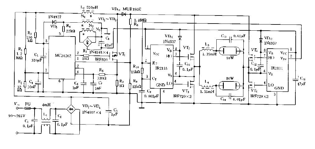 Full-bridge 160W fluorescent lamp electronic ballast circuit diagram