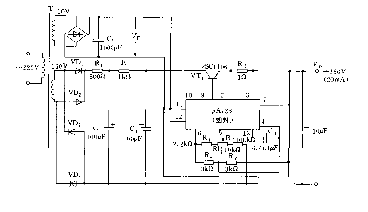 Floating adjustable<strong>stabilized power supply circuit</strong> composed of μA723 Figure b.gif