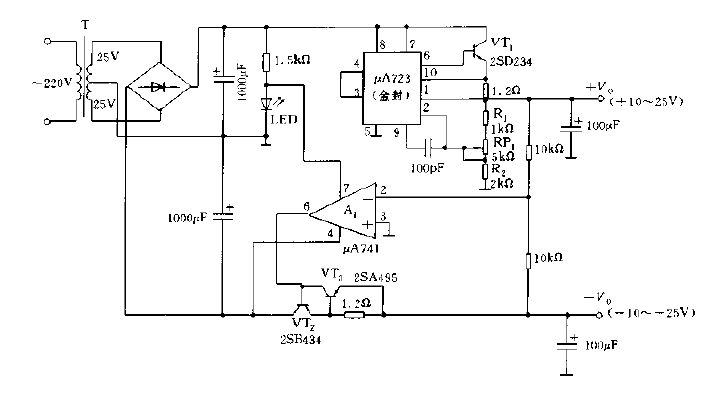 Protected tracking adjustable <strong>stabilized power supply circuit</strong> composed of μA723 Figure.gif