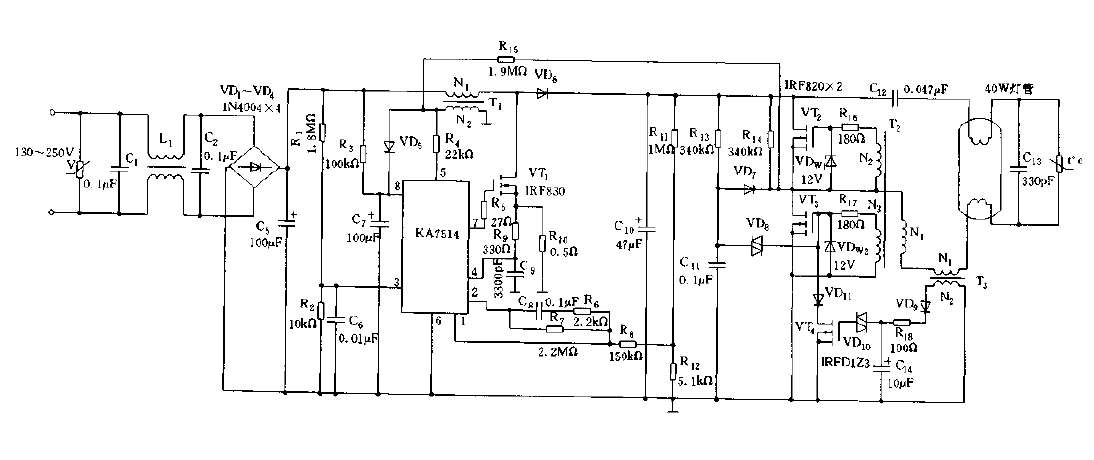 KA7514<strong>Control</strong> of 40W<strong>Fluorescent Lamp</strong><strong>Electronic Ballast</strong><strong>Circuit Diagram</strong>.gif