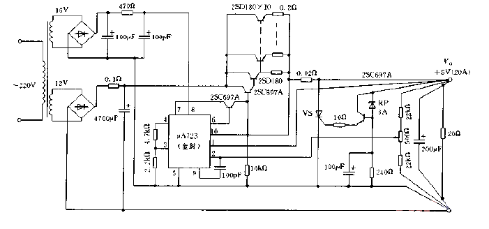 Output 20A, 5V<strong>Regulated power supply circuit</strong> composed of μA723 Figure.gif