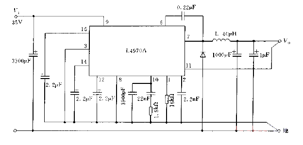 L4970A constitutes a typical <strong>application circuit diagram</strong>.gif with an output of 5.1V and 10A