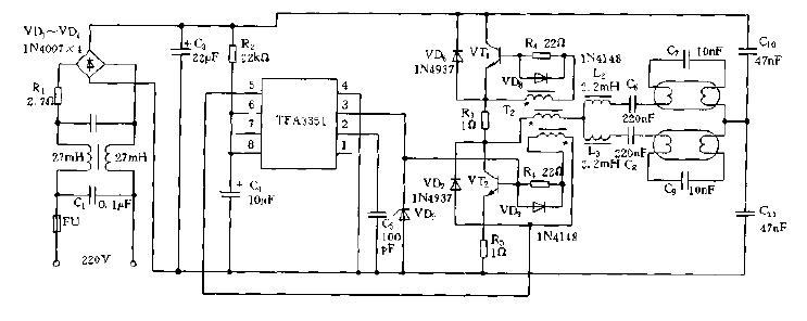 <strong>Electronic ballast</strong><strong>Circuit diagram</strong> composed of TFA3351.gif