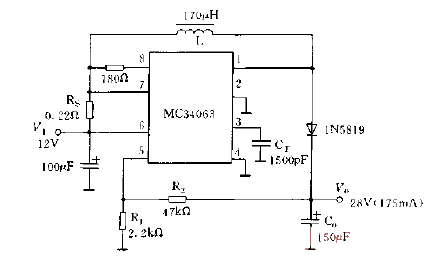 Boost-type voltage stabilizing circuit diagram using MC34063 series