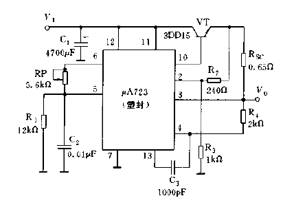 Current expansion type voltage regulator composed of μA723<strong>Circuit Diagram</strong>.gif