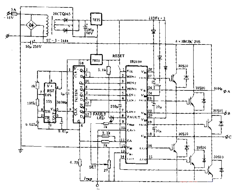 IR2130 application wiring diagram in three-phase fixed frequency output power supply system