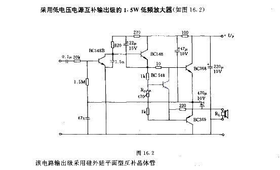 1.5W low frequency amplifier with low voltage supply complementary output stage