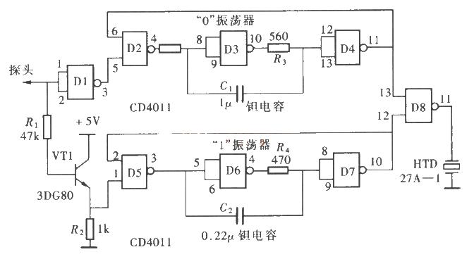 Circuit diagram of sound-generating logic pen using CD4011