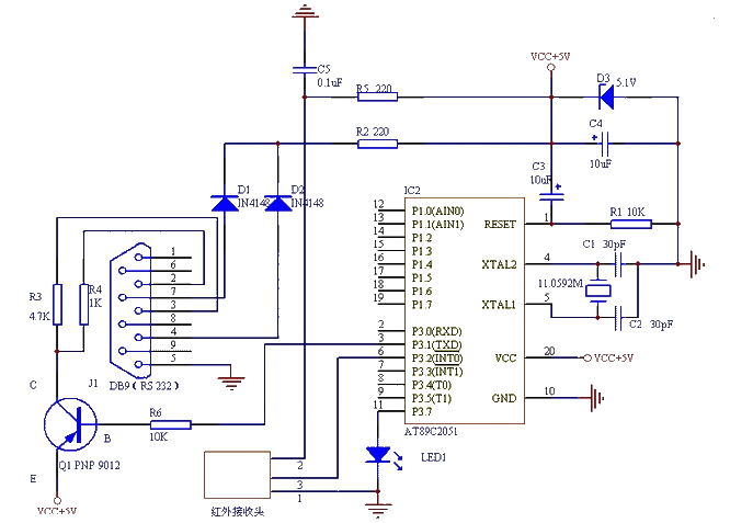 Simple 2051 microcontroller computer remote control circuit diagram_copy.png