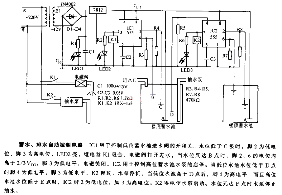 Water storage and drainage automatic control circuit