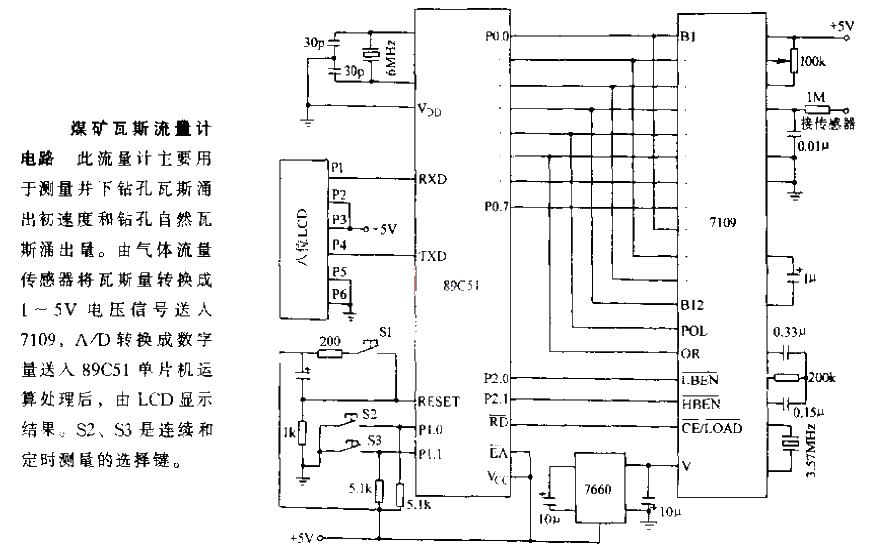 Coal mine gas flow meter circuit