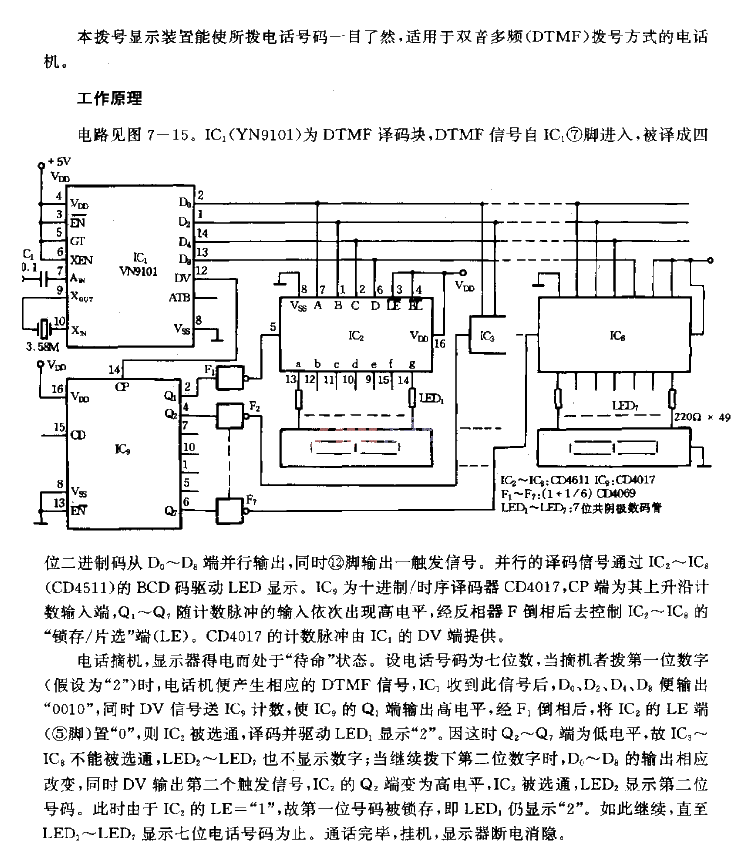 Circuit diagram of dial display device suitable for dual tone multi-frequency dialing telephones