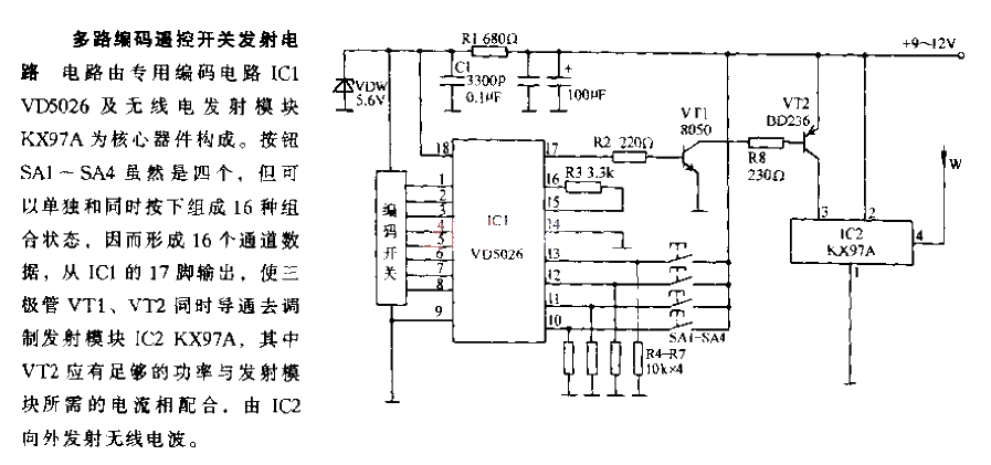 Multi-channel coding remote control switch transmitting circuit