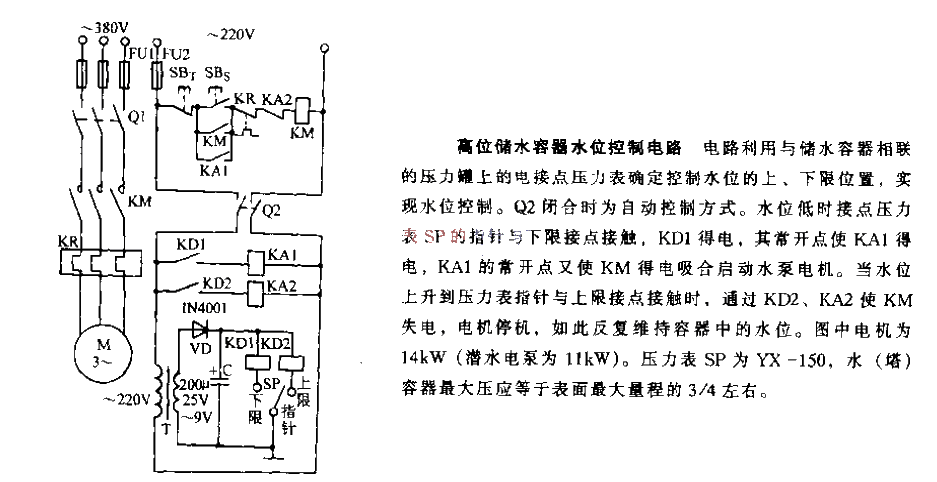 High level water storage container water level control circuit