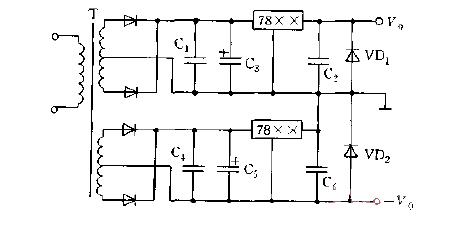 Bi-stabilized power supply circuit diagram using a voltage regulator to output positive and negative voltages