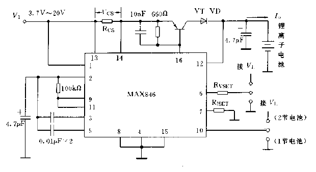 Lithium battery charging circuit diagram using MAX846