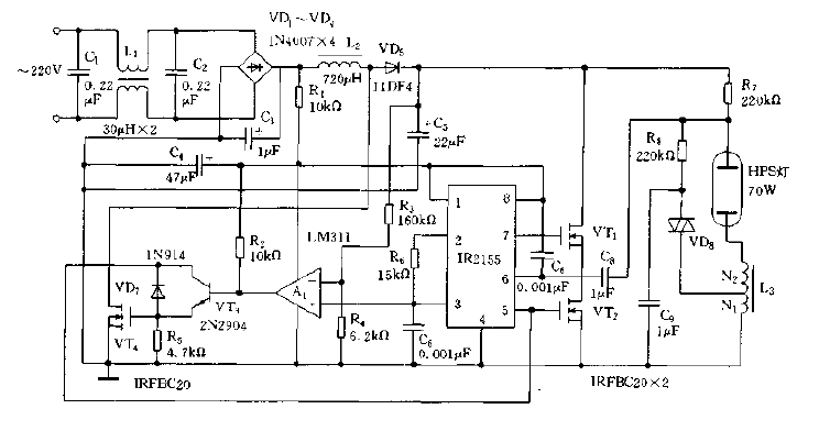 High pressure sodium lamp electronic ballast circuit diagram using IR2155