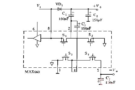 <strong>Circuit diagram</strong> of using MAX660 to form voltage doubling and negative<strong>voltage output</strong>.gif