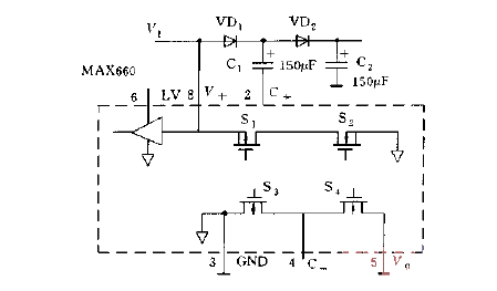 MAX660 is connected to an external <strong>diode</strong> and forms a voltage doubler<strong>converter circuit diagram</strong>.gif