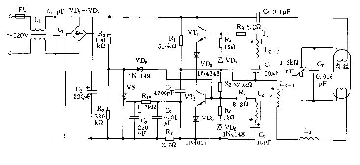 Electronic ballast circuit diagram with thyristor protection