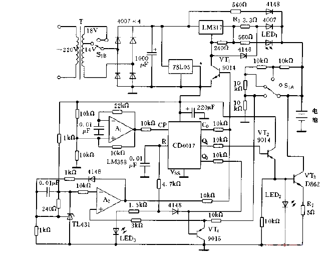 <strong>Charger circuit diagram</strong> composed of <strong>CD4017</strong>.gif