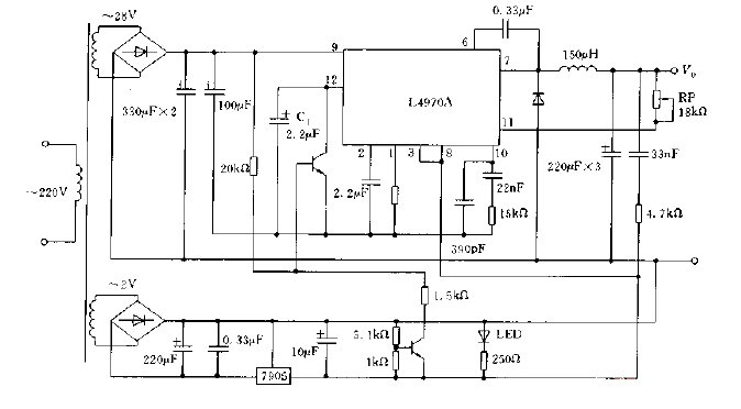 Adjustable<strong>switching power supply circuit diagram</strong> composed of L4970A.gif