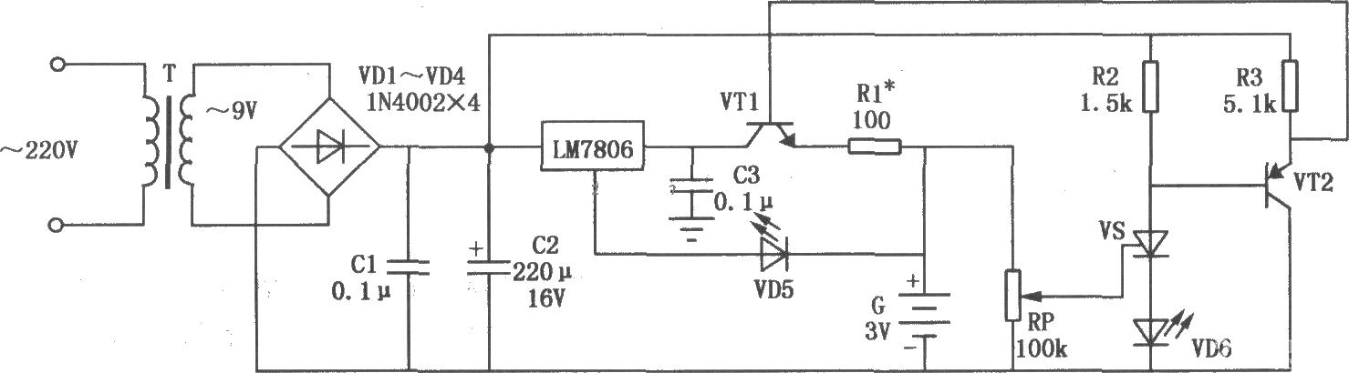 Fully automatic nickel-cadmium battery charging circuit composed of LM7806