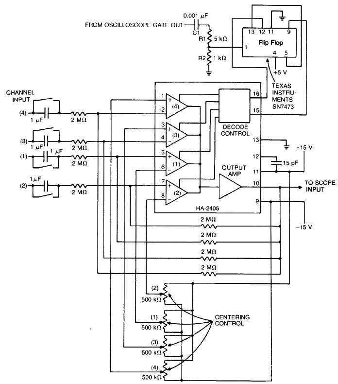 Oscilloscope converter provides four channel display