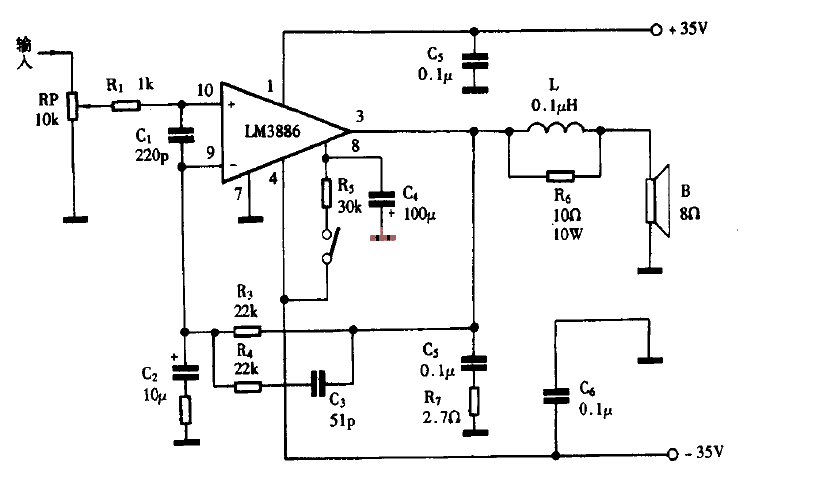 LM3886 typical application circuit