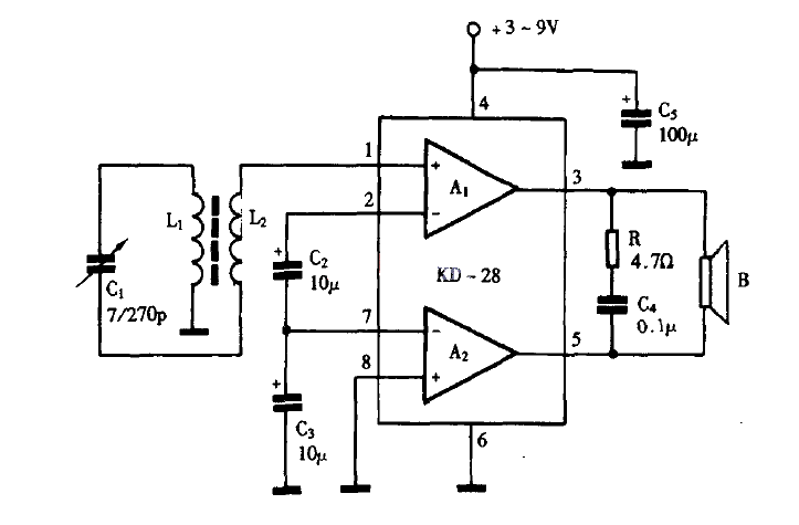 Clever use of KD-28 to make a single-chip radio circuit diagram