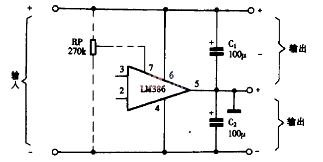 Clever use of LM386 as a small power positive and negative voltage stabilized power supply circuit diagram