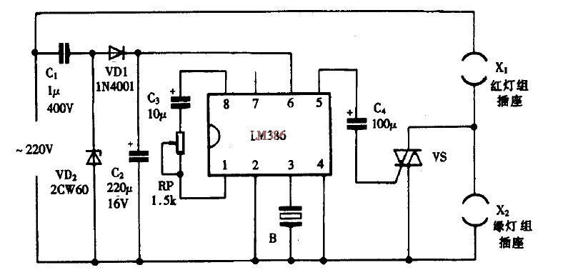 Clever use of LM386 as a two-color music lantern controller circuit diagram