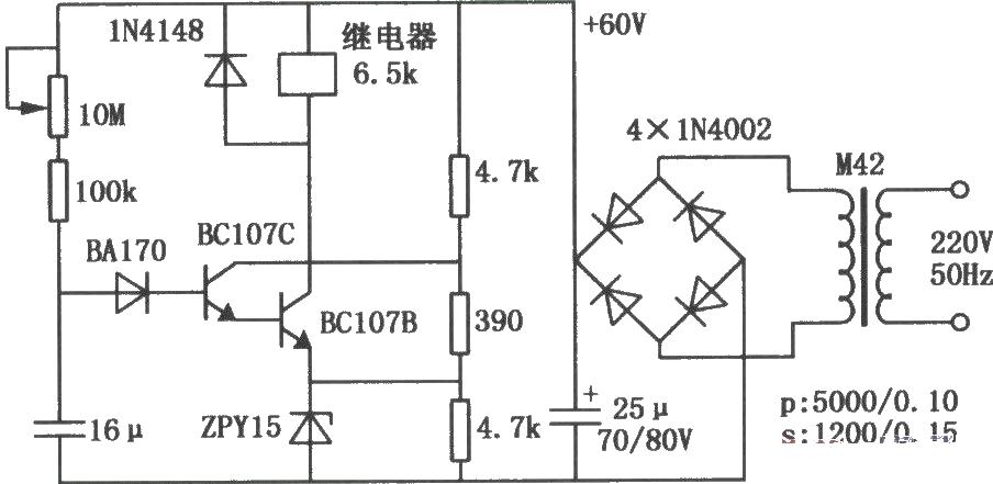 Simple transistor relay delay pull-in circuit diagram