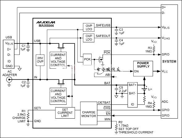 <strong>Charger circuit</strong> powered by <strong>USB</strong> and <strong>Adapter</strong>