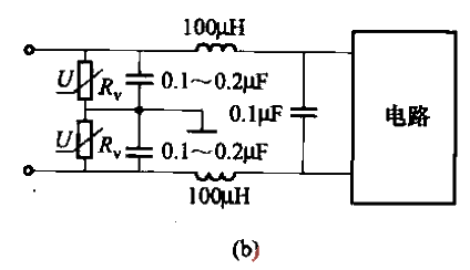 圖(a)～(c)可抑制高頻干擾;圖(b)中的壓敏電阻尺,能吸收雷擊浪湧電壓