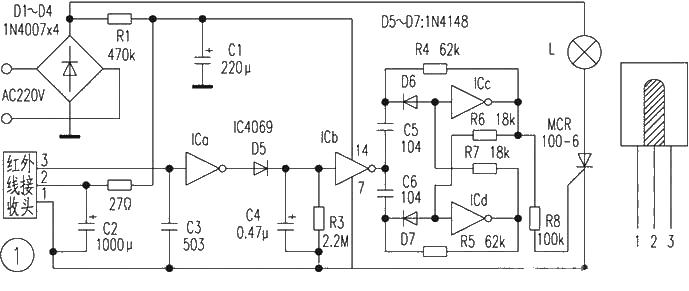 IC4069 simple infrared remote control switch circuit diagram