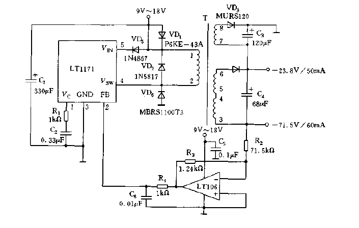 <strong>Current type</strong> Flyback type <strong>Power supply circuit diagram</strong> composed of LT1171.gif