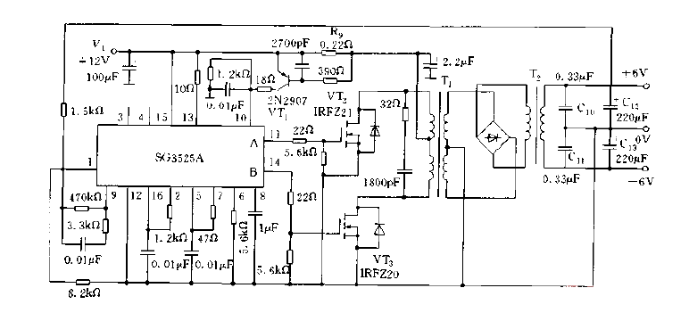 Push-pull DC and DC converter circuit diagram using SG3525A